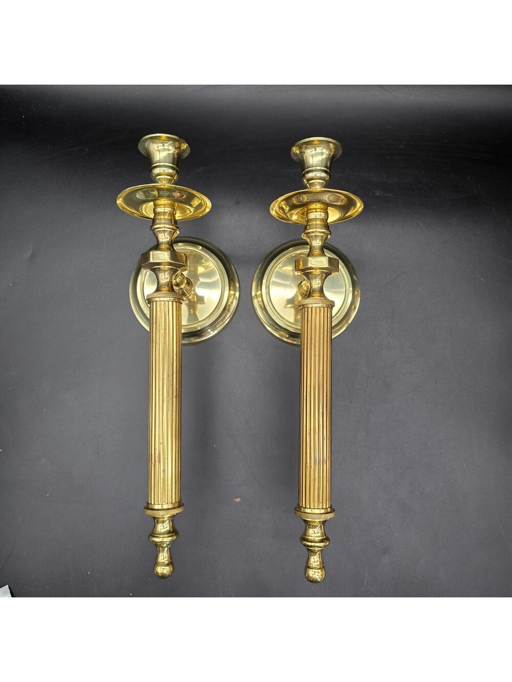 Vintage Hollywood Regency Solid Brass Fluted Column Wall Sconces - Pair